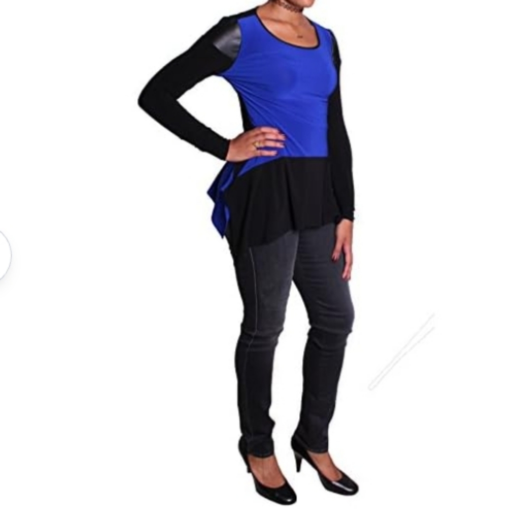 Joseph Ribkoff Womens Top  Assymetrical Hem Colour Blocked Vegan Leather Size 10